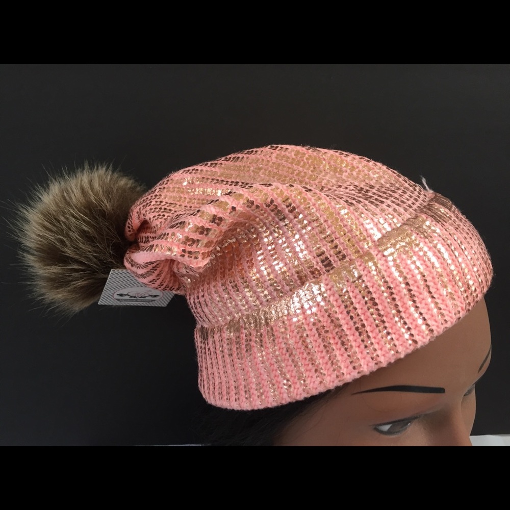 Chloe Alexis metalic beanie peach pink gold